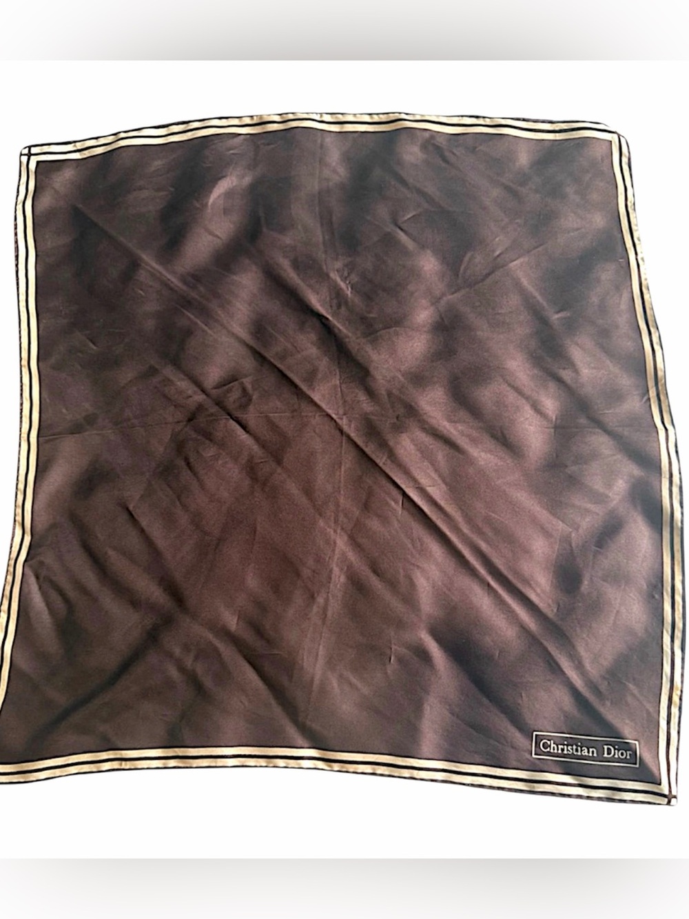 Christian Dior Brown Silk Scarf/Handkerchief Cream Striped Trim -